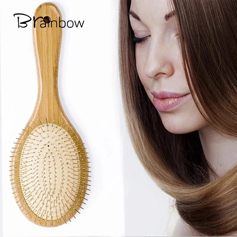 Brainbow 1pc Bamboo Hair Brush Steel Needle Hair Scalp Massage Comb Anti-static Natural Paddle Airbag Cushion Handle Brushes