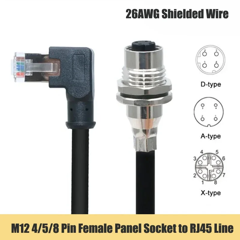 M12 4Pin D-type Socket to RJ45 Connector Line 5Pin A-Code 8Pin X-type Shielded Panel Sockets to Cat6 rj45 Network Signal Cable