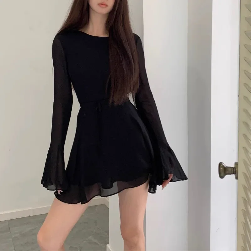 

Black Y2k Mini Dress Women Elegant Slim Sexy Even Party Dress Office Lady Backless Dress Korean Fashion 2025 New Autumn Chic