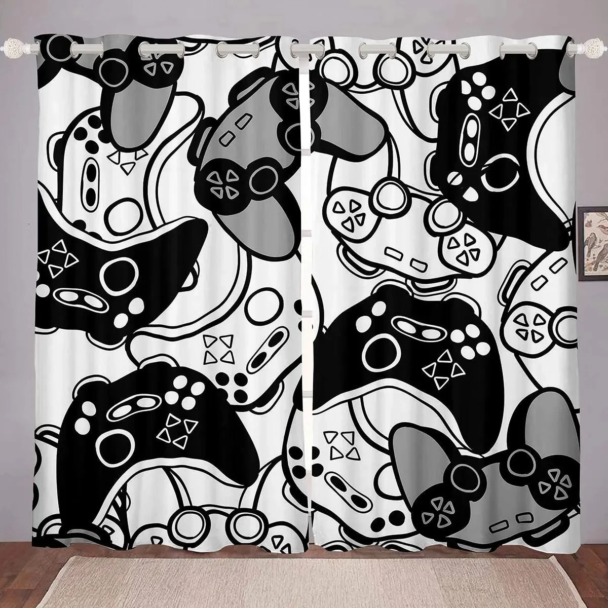 Gamer Curtains Video Game Gamepad Controller Print Pattern Window Drapes For Kids Boys Girls Bedroom Curtains 2 Panels Drapes