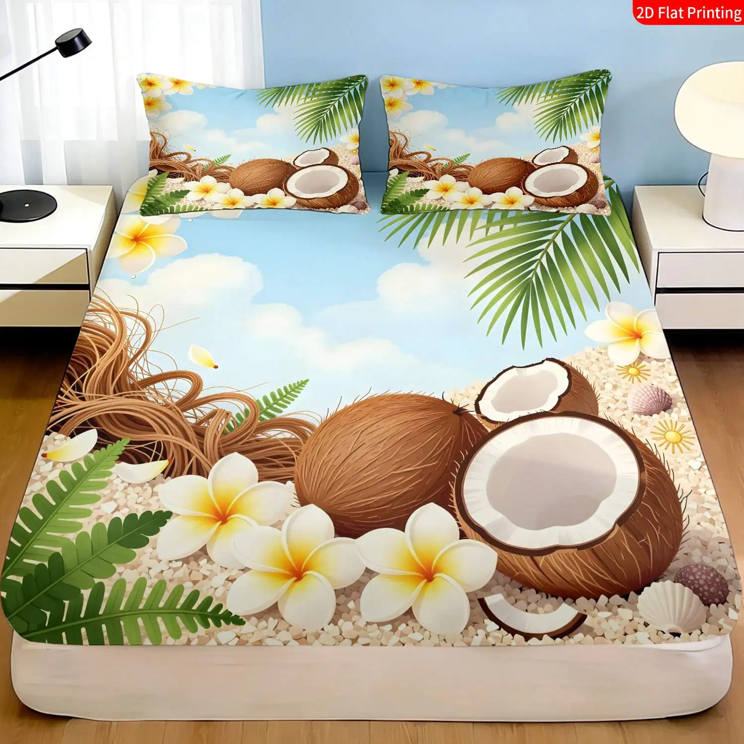 2D Digital Print Three-Piece Fitted Sheet Set, Three-Piece Bedding Set (Includes 1 Fitted Sheet + 2 Pillowcases), 3-Piece Set, Large Deep Pocket 2D Printed Fitted Sheet and 2 Pillowcases, Mattress Protector, Fitted Sheet Style with Elastic Band, Protective Cover, Mattress Protector, Tropical Style, Coconut Tree and Plumeria Theme, Palm Leaf and Floral Pattern, Summer Beach Vacation Home Decor, Breathable Protective Cover with Pillowcase