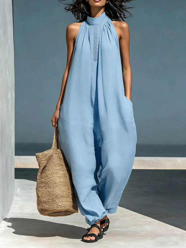Yeezzi Women's Minimalist Solid Color High Neck Sleeveless Jumpsuit Fashion Pockets Loose Casual Summer Cool Jumpsuits 2026 New view 5