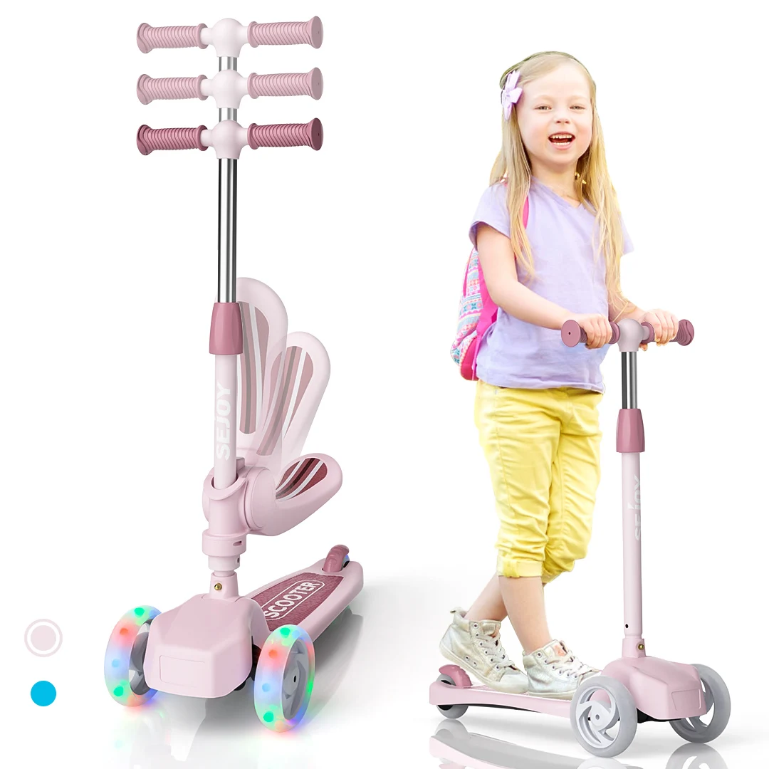 Hulajnogi dla dzieci z 3-kołowymi światłami LED, regulowaną kierownicą, składanym siedzeniem, jazda siedzącą lub stojącą, dla dzieci w wieku 3-8 lat
