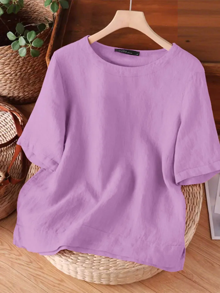 2025 ZANZEA femmes été tunique hauts décontracté à manches courtes solide Blouse rétro coton Blusas élégant col rond Chemise de travail Chemise ample