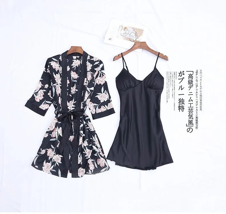 Sexy Ice Silk Sleep Dress Nightgown Printing Flowers Cardigan Kimono 2Pcs Sleep Suit Robe V Neck Homedress Home Clothing