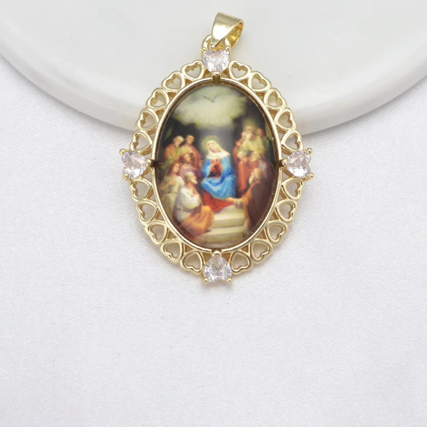 8 Pcs Jesus Virgin Mary Pendant DIY Necklace Jewelry Making Heart Hollow Gold Rim Oval Accessories Christian Brass Plated Charms