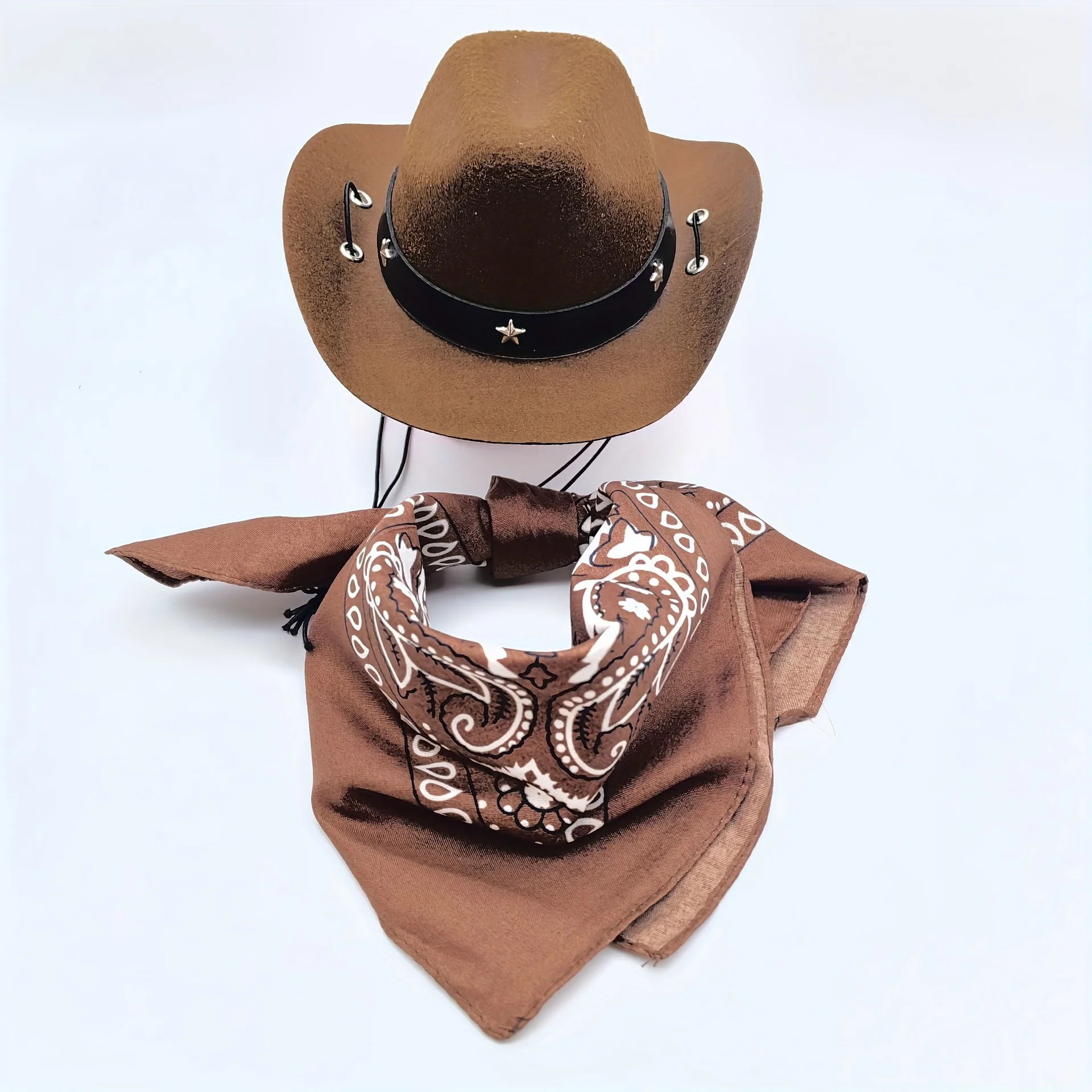 Two-Piece Mini Western Cowboy Style - Pet Hat and Scarf Neck Gaiter - with Drawstring - Suitable for Dogs and Cats
