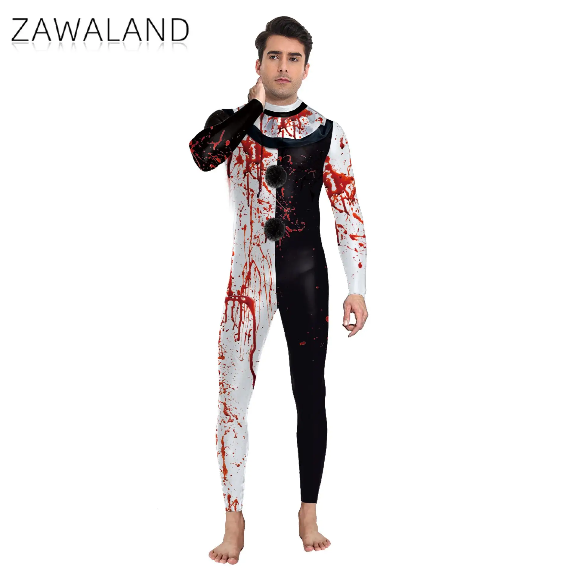 Zawaland Clown Movie Scary Terrifier 3 Print Long Sleeve Party Jumpsuit Adult Cosplay Costume Halloween Party Zentai Bodysuit