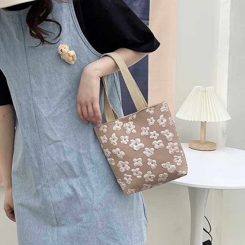 Lovely Floral Canvas Bag Women's Day Korean Leisure Hand Bill of Lading Shoulder Bag 2022 New Student Hand-held Cloth Bag Women