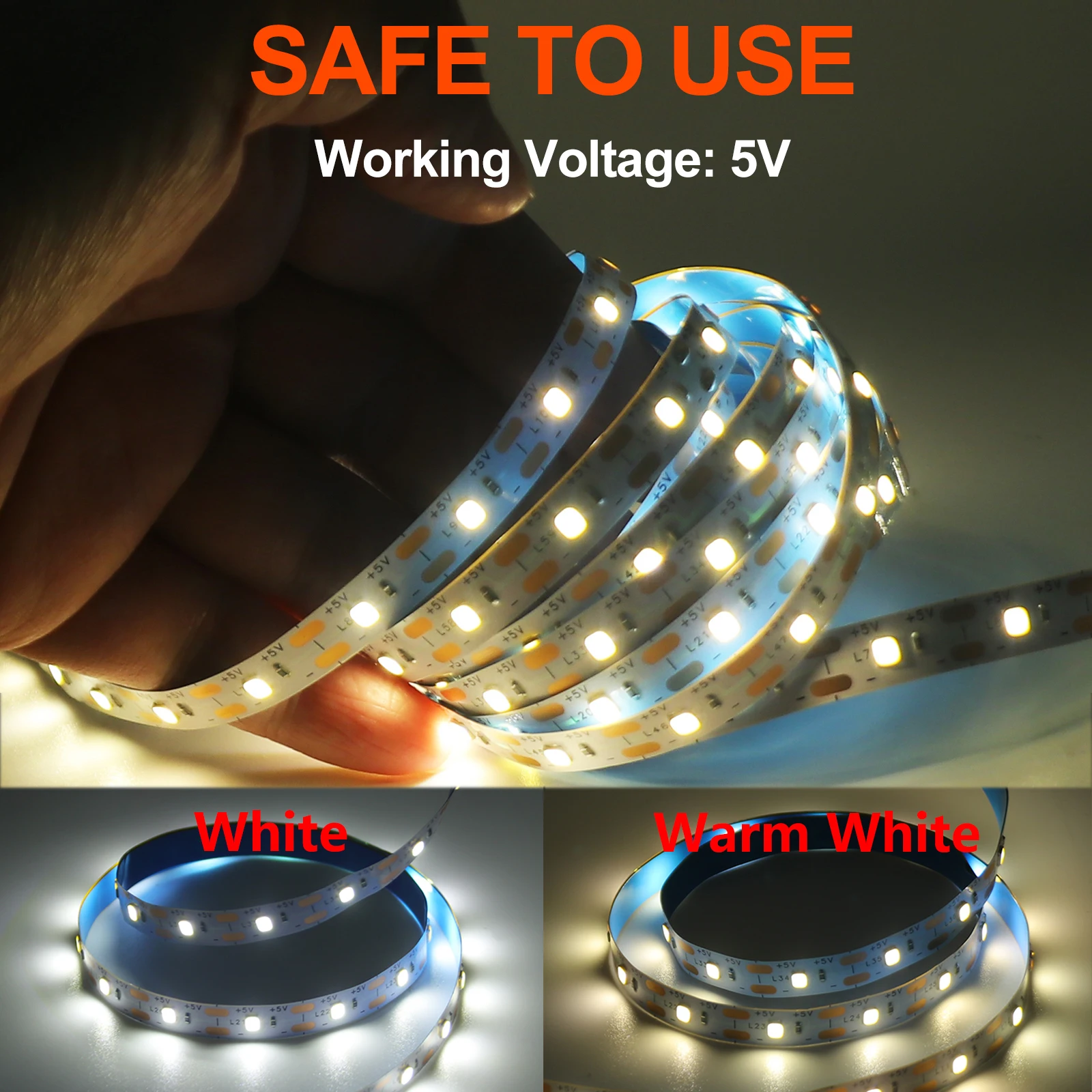 LED Light Strip 5V USB Powered Flexible White/Warm White Cuttable Adhesive LED Light Tape for TV Backlight Cabinet Bedroom Decor