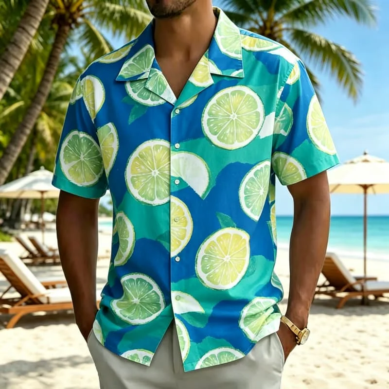 

Men's refreshing and colorful fresh fruit printed Hawaiian shirt, for summer travel, leisure travel, and street wear