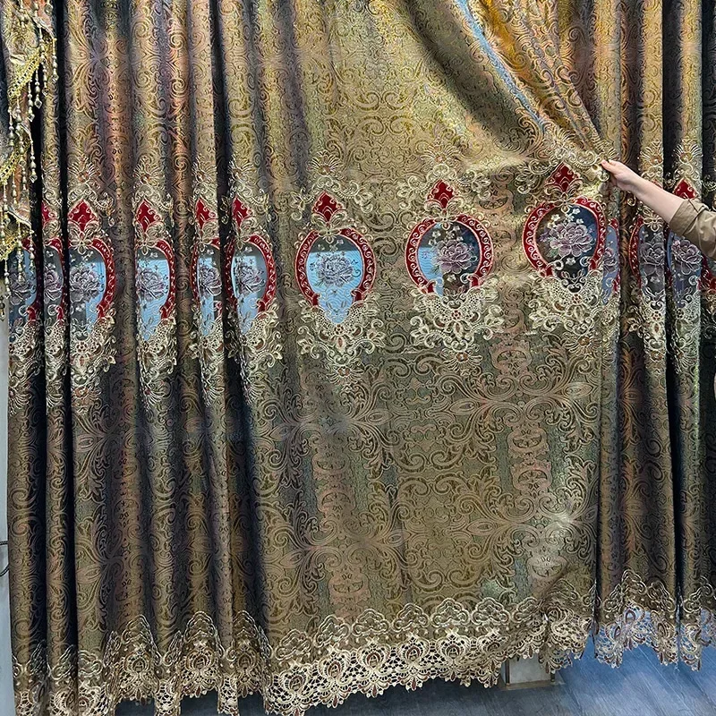 

European Embroidered Gold Luxury Retro Curtains for Living Room Bedroom Dining Villa Custom Size Door screen Tulle Decor