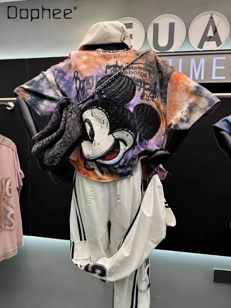 

Fashion Heavy Industry Smudge Sequins Cartoon T-shirt Women's Spring and Summer 2025 New Ripped Loose Cotton Short-sleeved Top