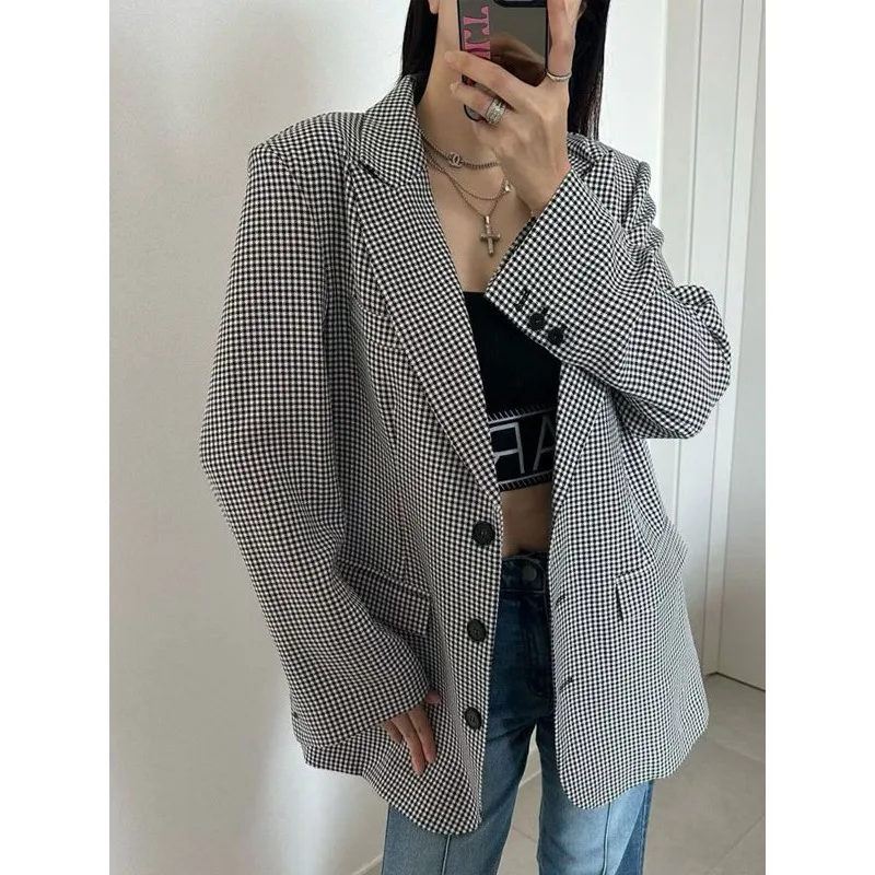 SuperAen 2026 Autumn New Korean-style Loose Houndstooth Casual Tops for Women Fashion Single-breasted Tailored Coats