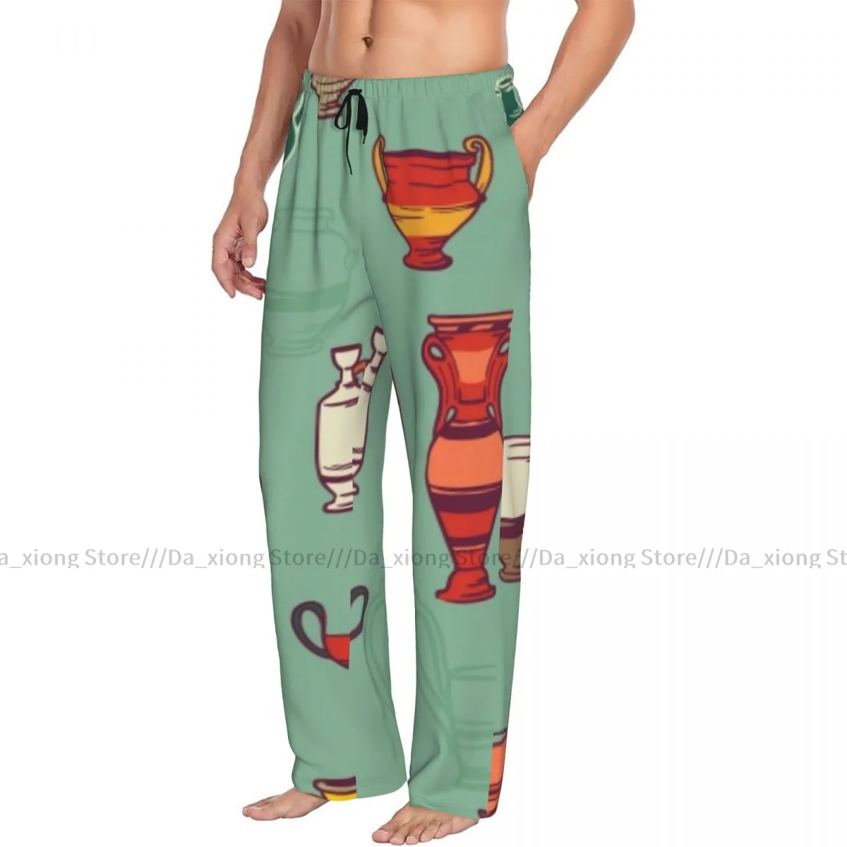 Mens Casual Pajama Long Pant Loose Elastic Waistband Greek Pottery Cozy Sleepwear Home Lounge Pants