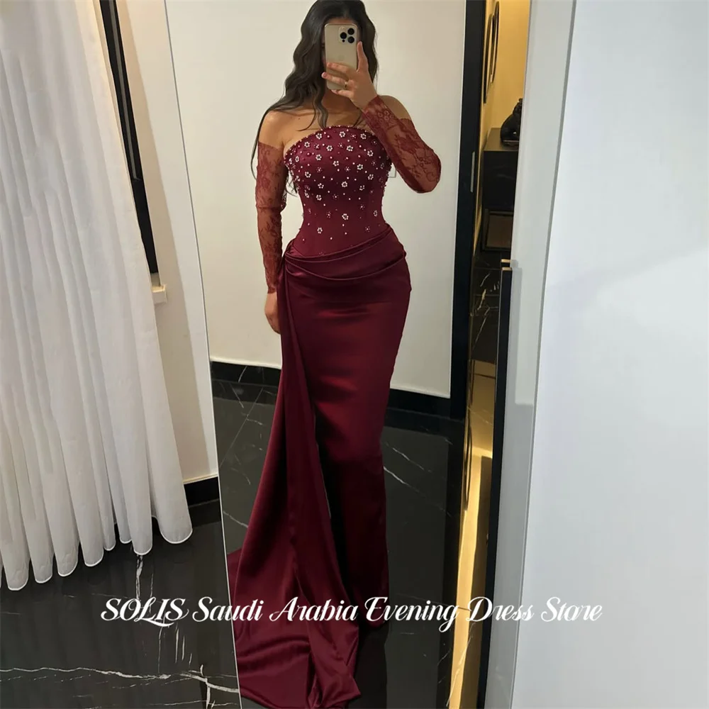 SOLIS Burgundy Evening Dress Detachable Sleeves Prom Dress Strapless Party Formal Gown Pleated robe de bal Wrap Hips Customized