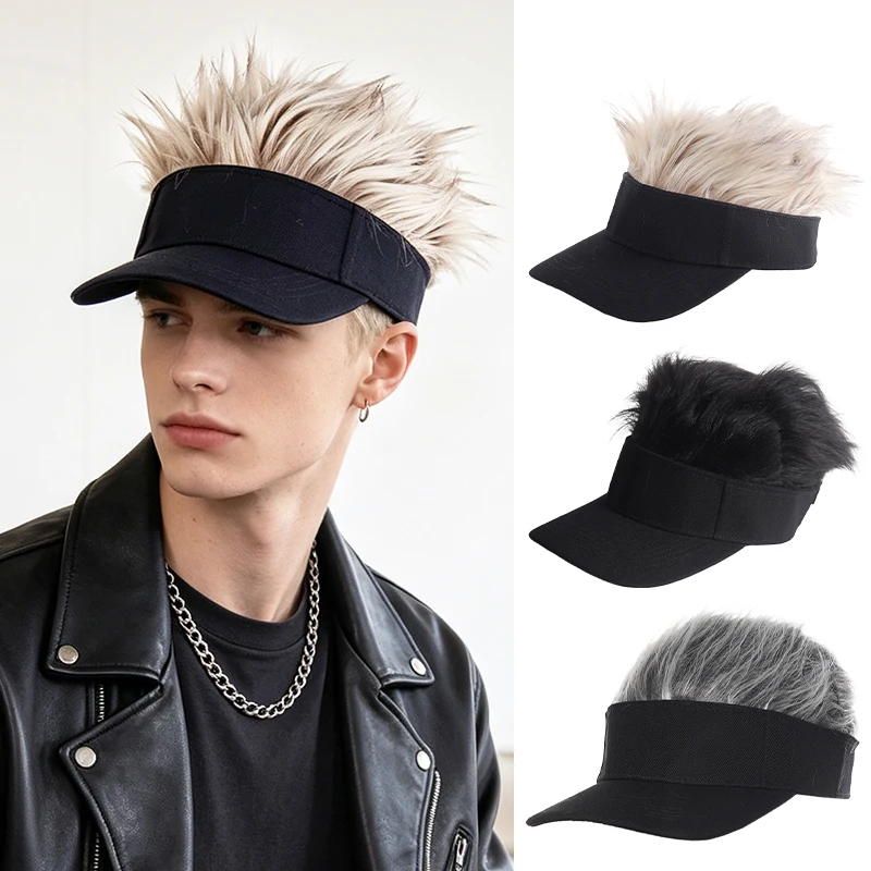 Hip Hop Style Black Visor Cap with Synthetic Spiky Wig Hair for Summer Sunshade Fashion Accessory