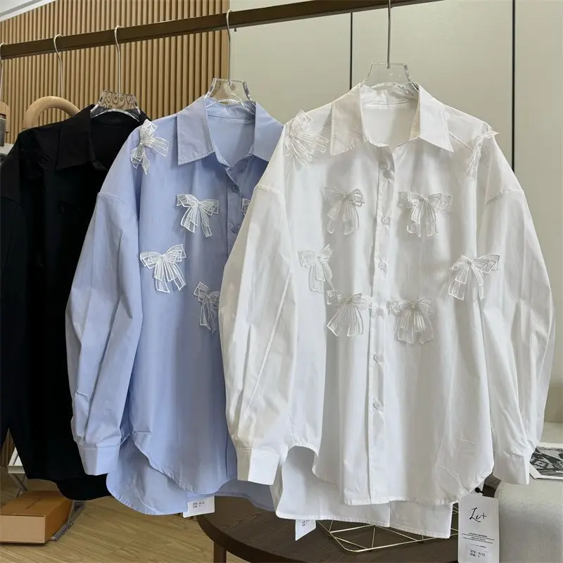 

Lazy Style Solid Bow Patchwork Loose Blouse Women Clothing Spring Autumn Long Sleeve Polo Neck Trend Shirt Tops Casual Fashion