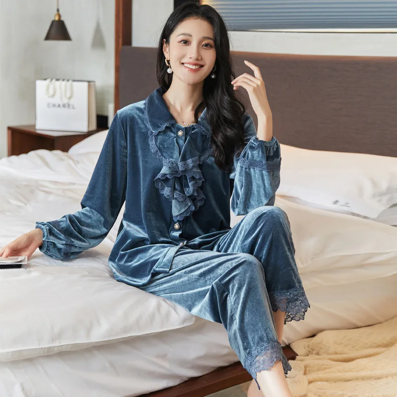 High-quality Lady Pajamas Set Winter Sleepwear Women Long Sleeve Pullover Trouser Sleep Suit Lace Velvet Homewear