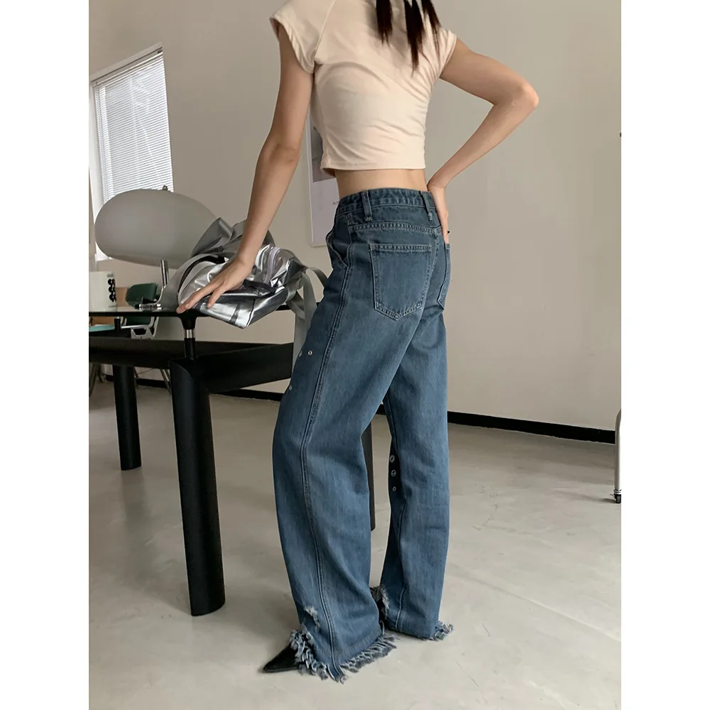 Hole Tassel Jeans Women\'s 2022 Summer New Personality Street Chic Straight Denim Wide-leg Pants Women