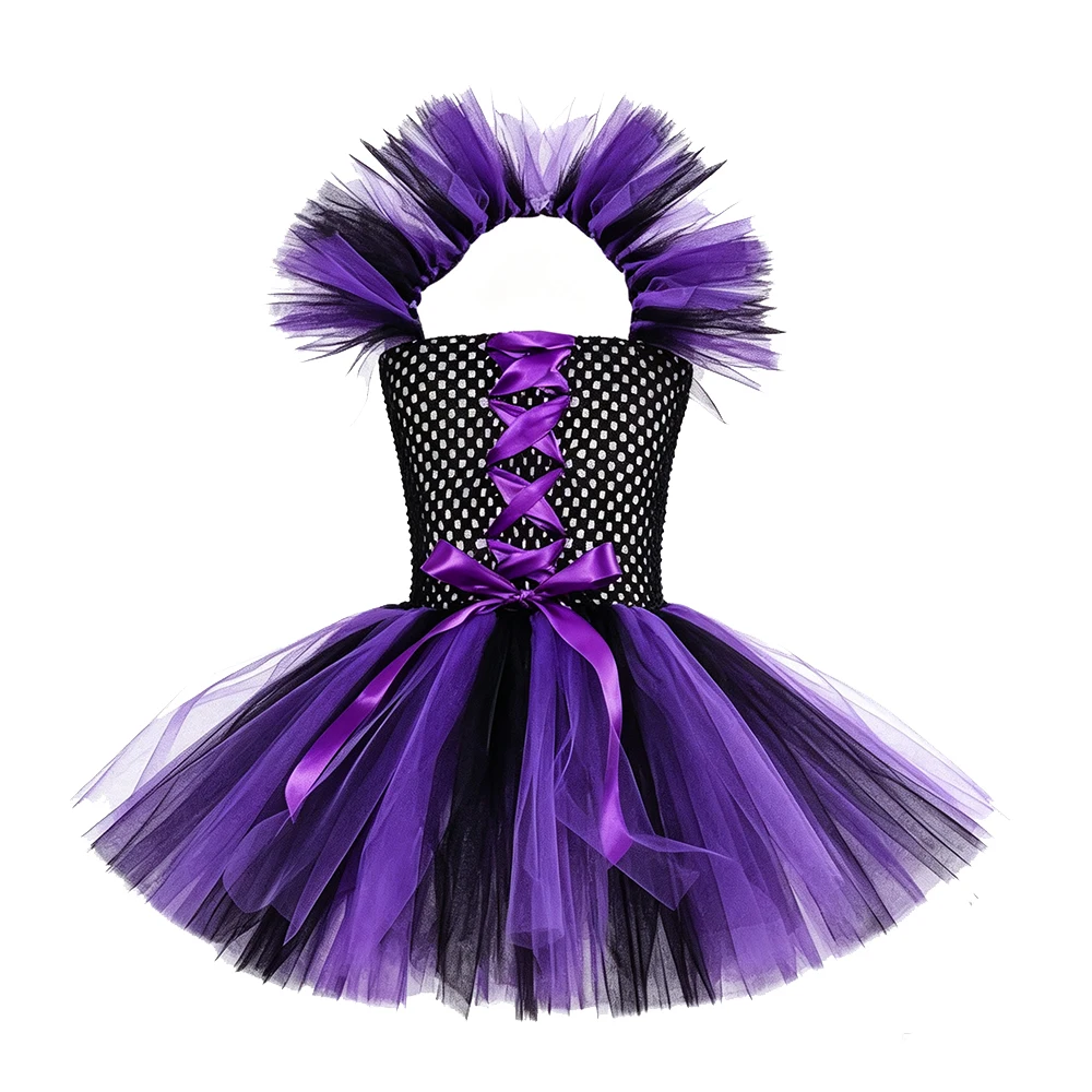 Purple Girls Halloween Witch Costume Tulle Tutu Dress with Pointed Hat Kids Fancy Dress Outfit Carnival Cosplay Party Role Play
