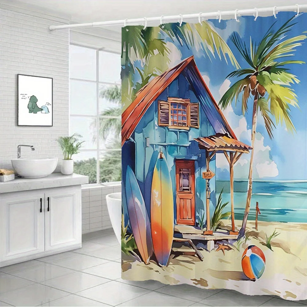

Занавеска для душа в тропическом стиле – акварельный рисунок: коттедж, пальмы и доски для серфинга на белом фоне, 12 крючков, 70,87×70,87 дюймов