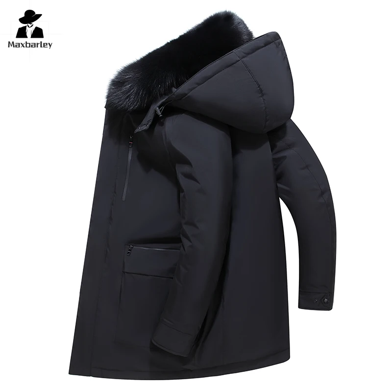 Winter Down Jacket Men's Business Casual Detachable Liner Fur Collar Hooded White Duck Down Warm Coat Brand Clothes Long Parka