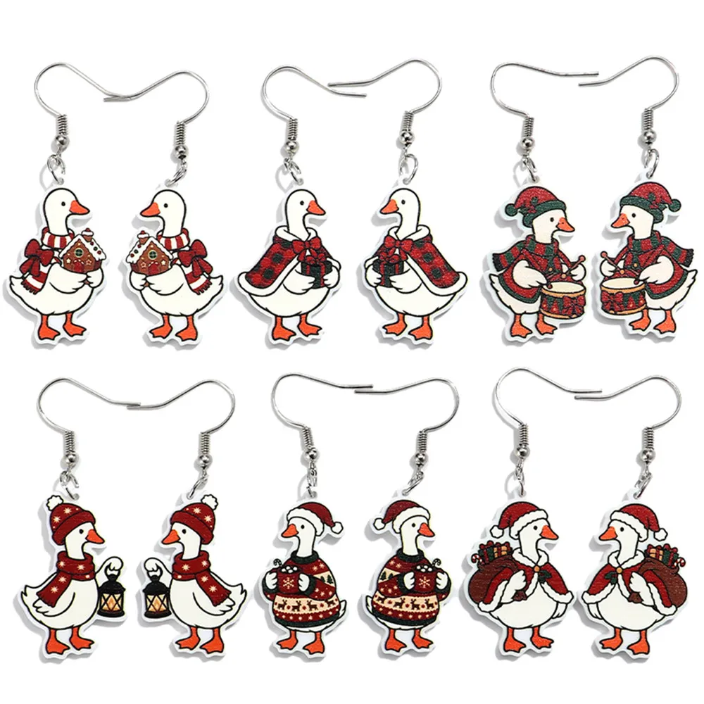Christmas Cute Acrylic Cartoon Duck Dangle Earrings Animals Duck with Santa Hat Pendant Earring for Women Party Jewelry Gifts