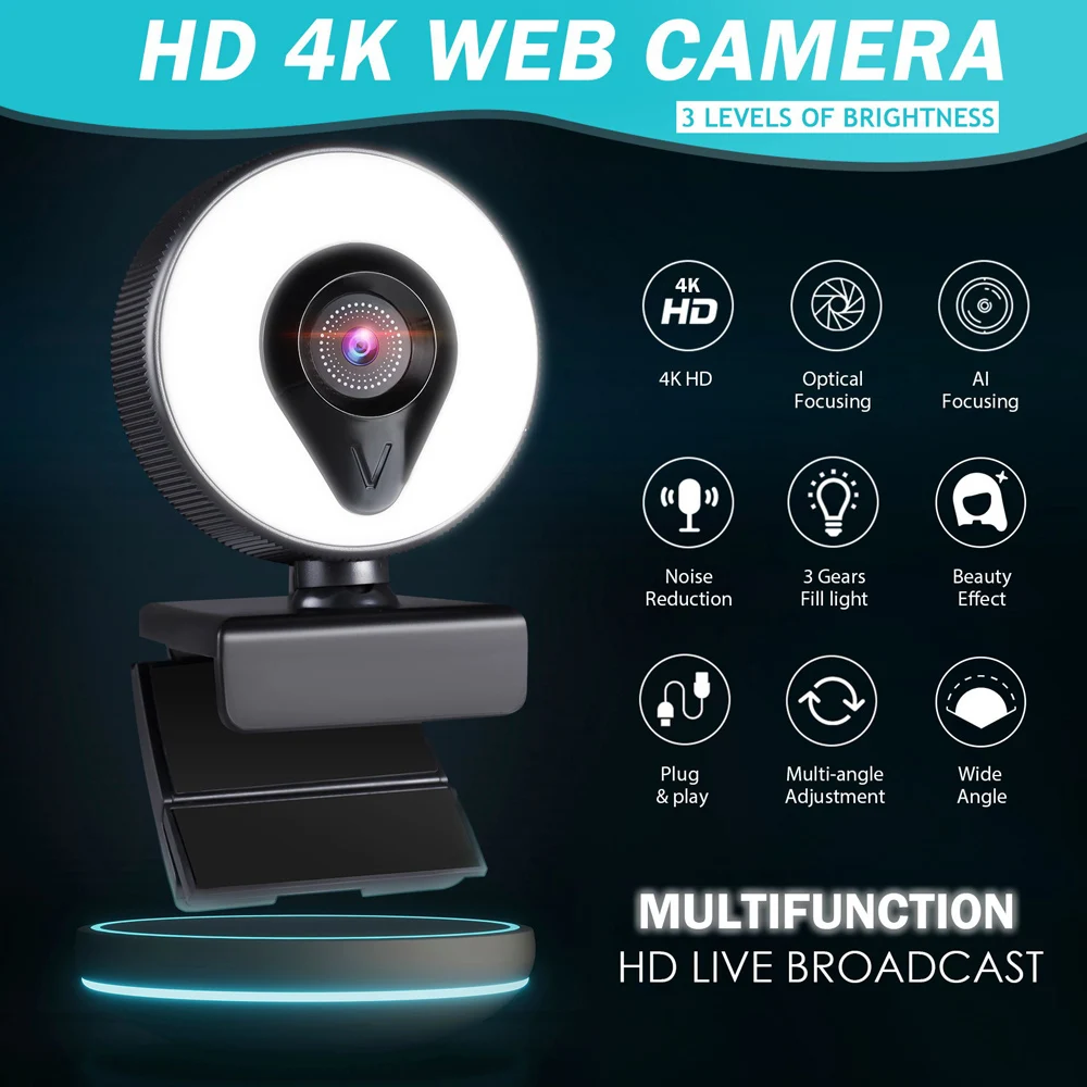 

4K Full HD Web Camera With Microphone LED Fill Light USB Web Cam Rotatable For PC Computer Laptop for Streaming Live