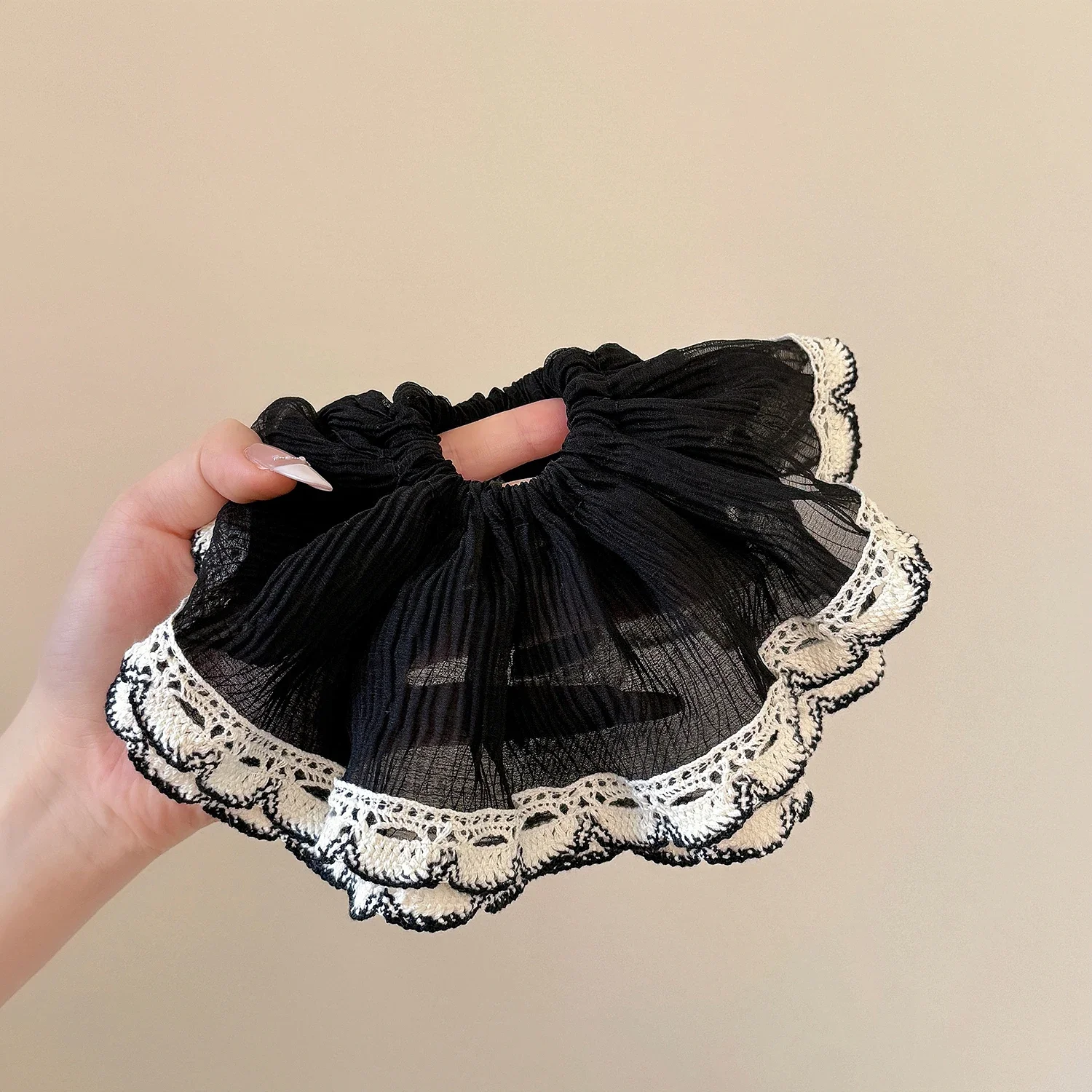 الرجعية الفرنسية نمط التجاعيد الدانتيل شبكة كبيرة Scrunchies رومانسية لطيف منخفضة ذيل حصان الشعر حبل المرأة الجزء الخلفي من رئيس كعكة الشعر التعادل