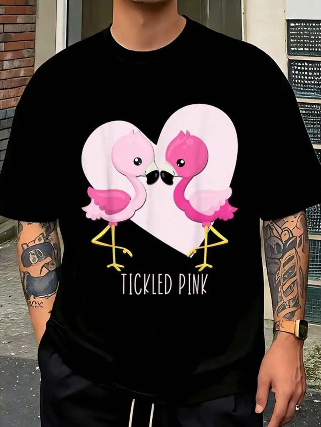 Tickled Flamingo Valentine's Day Heart-Shirt-Shirt       Jpg  Camisas Para Hombre Men's-Shirt Graphic Tees  Crop Tops  Outfits   Tops-Shirt