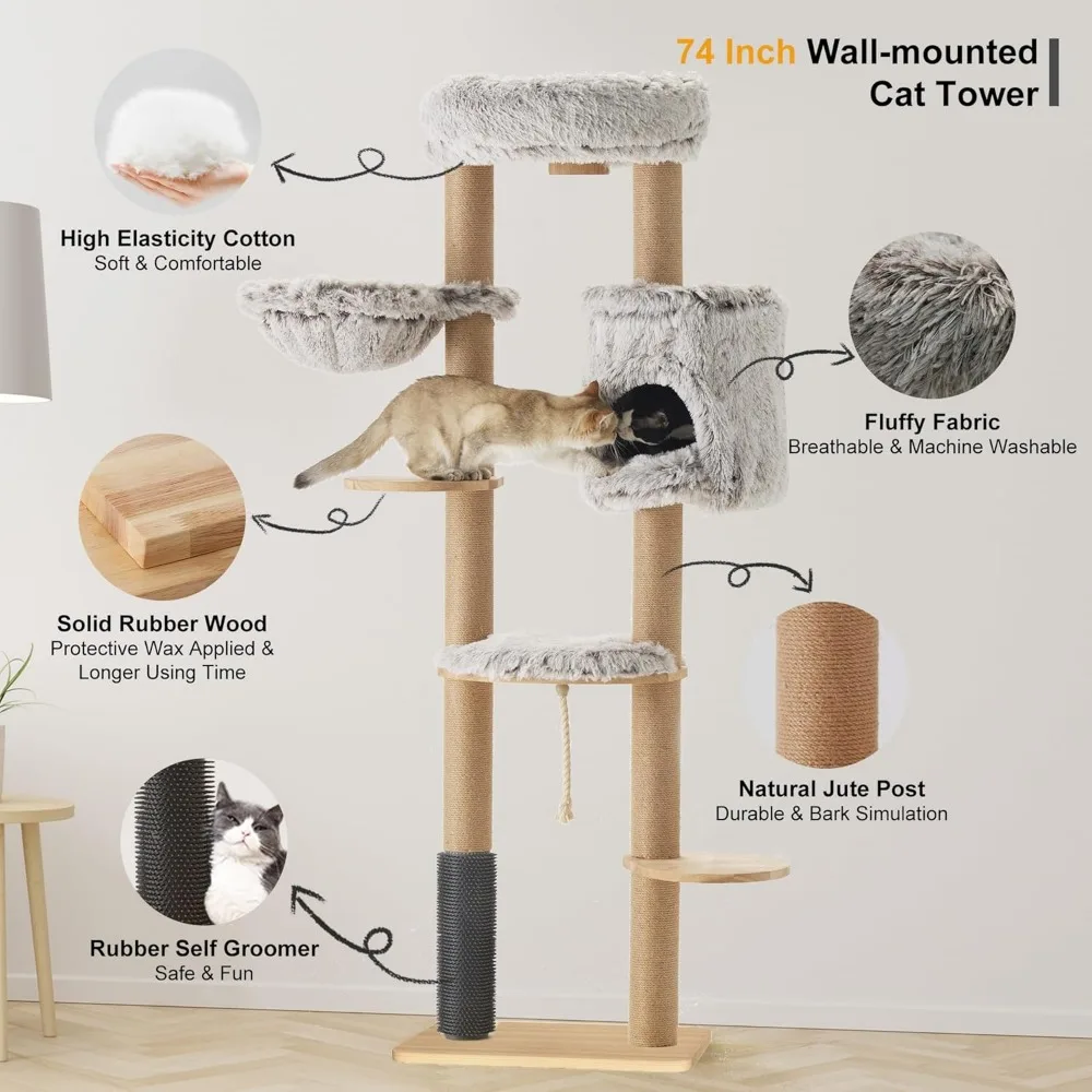 74 inch kattentoren wandmontage, kattenboom op meerdere niveaus hoog met jute krabpaal, hangende mand, ex-grote kattenbaars