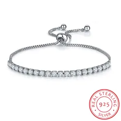 Fine Charm Bracelets For Women Real 925 Stamp Silver Color White CZ Beads Link Tennis Bracelet With Box Chain Adjustable HB76