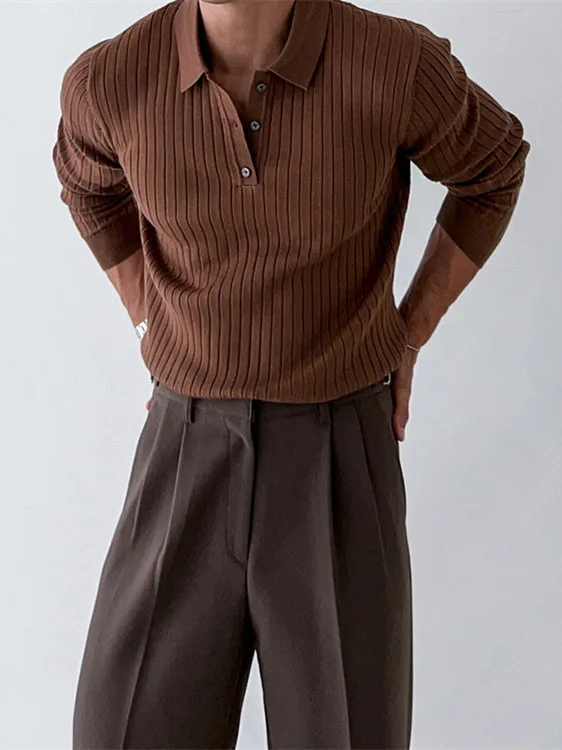 

Men's Casual Long Sve irt Lapel Sle Comfortable Knitted Top for Daily Wear Youth Faion Basic Color