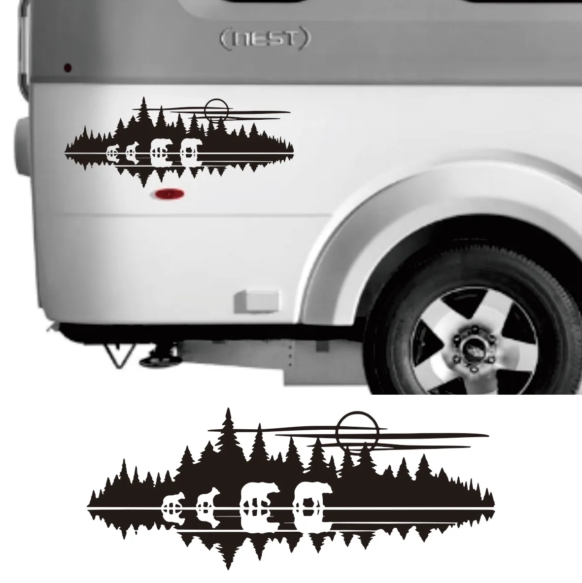

Car Styling Die Cut Stickers Lake Moon Bear Family in Tree Line Forest Scene Vinyl Decals V7 - RV Graphics Camping