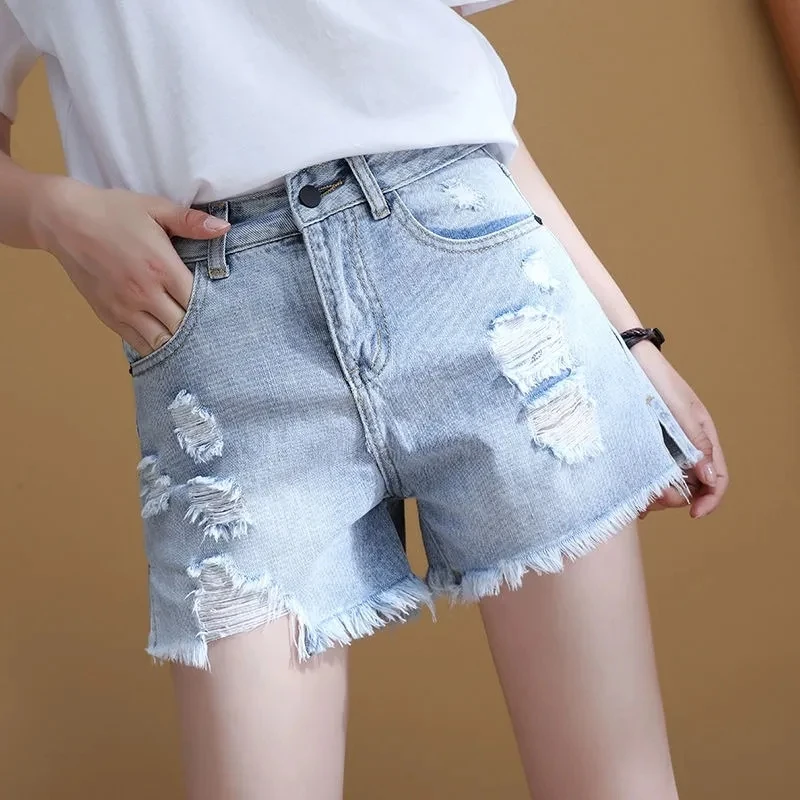

Эстетические летние популярные широкие свободные рваные шорты с высокой талией в Корейском стиле, модные винтажные короткие брюки, повседневные женские джинсовые шорты, женские джинсовые шорты