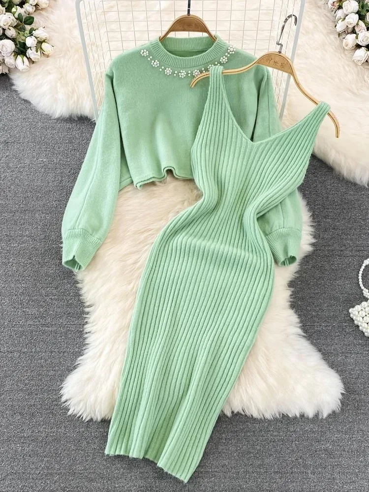 

French Elegant Lady Knitted Sweater Coat Camisole Dresses Two-Piece Set 2025 Autumn Winter Vintage Designs Knitted Dresses Suits