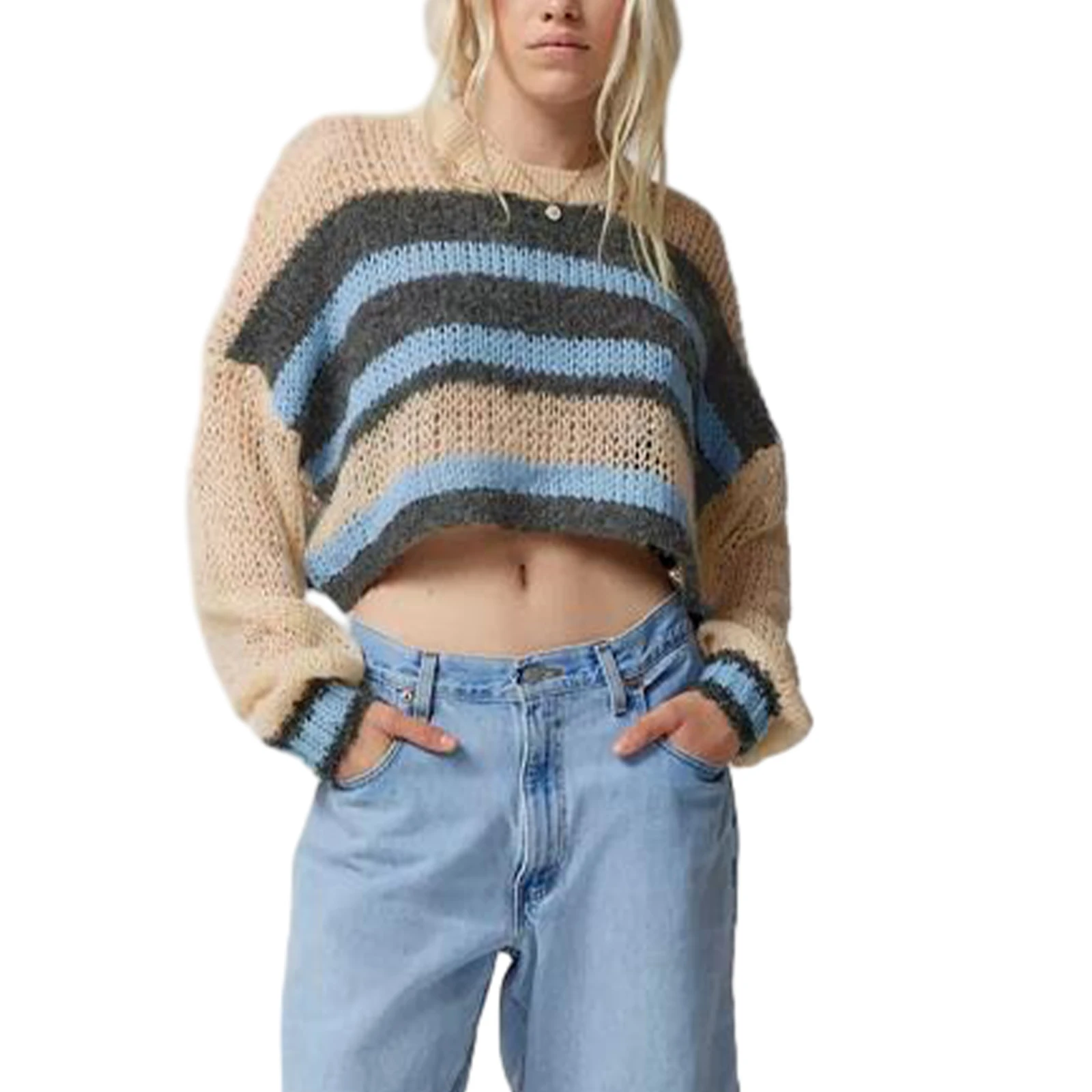 Women's Fashion Cropped Sweaters Casual Long Sleeve Round Neck Striped Print Knit Pullover Tops Streetwear