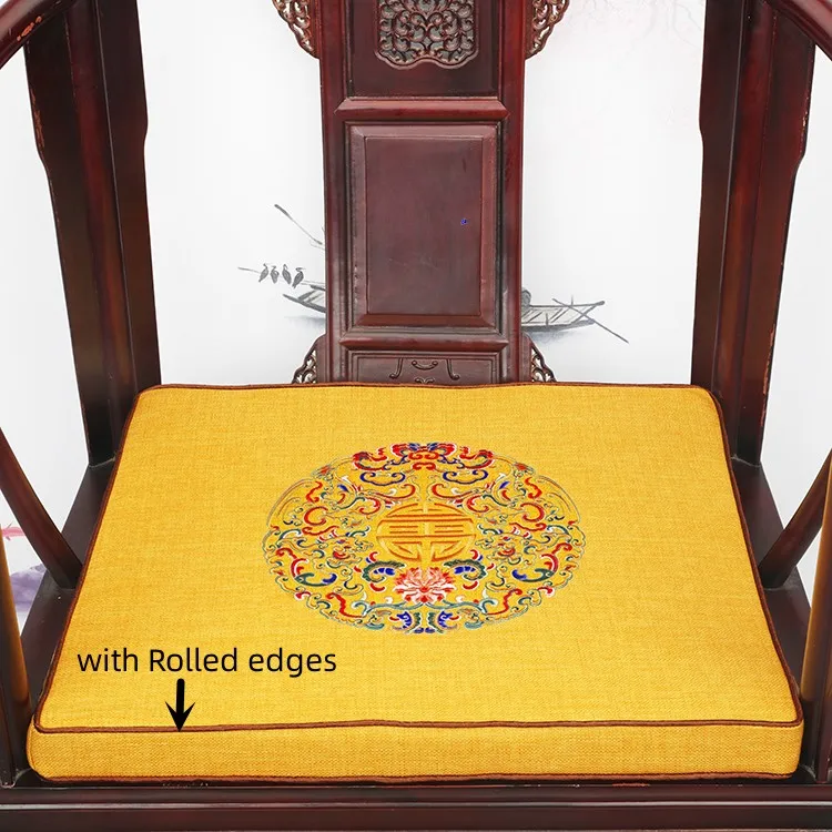 Custom Fine Embroidered Joyous Chair Seat Cushions with Ties Chinese style Cotton Linen Non-slip Zipper Sit Mat