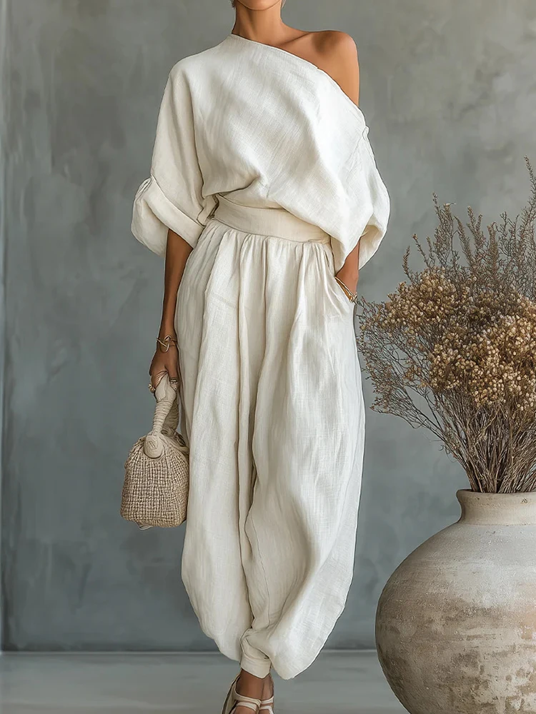 Ensemble deux pièces pour femme, haut à col asymétrique à manches courtes et pantalon lanterne, patchwork, tenue de rue pour les vacances, printemps-été