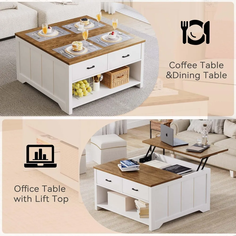 Square Coffee Table Lift Top, Wood Tea Table with Big Open Storage Living Room, Coffe Tables Rustic Center Table with 2 Drawers