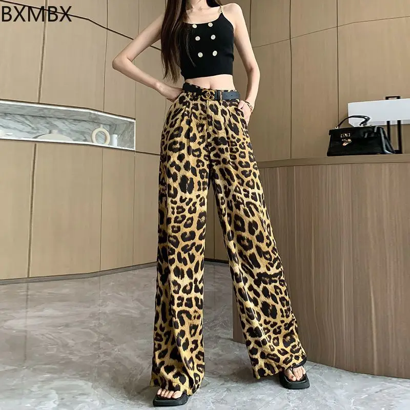 Leopard print wide-leg pants women's summer thin acetic acid satin casual pants loose straight hanging cool and cold silk pants