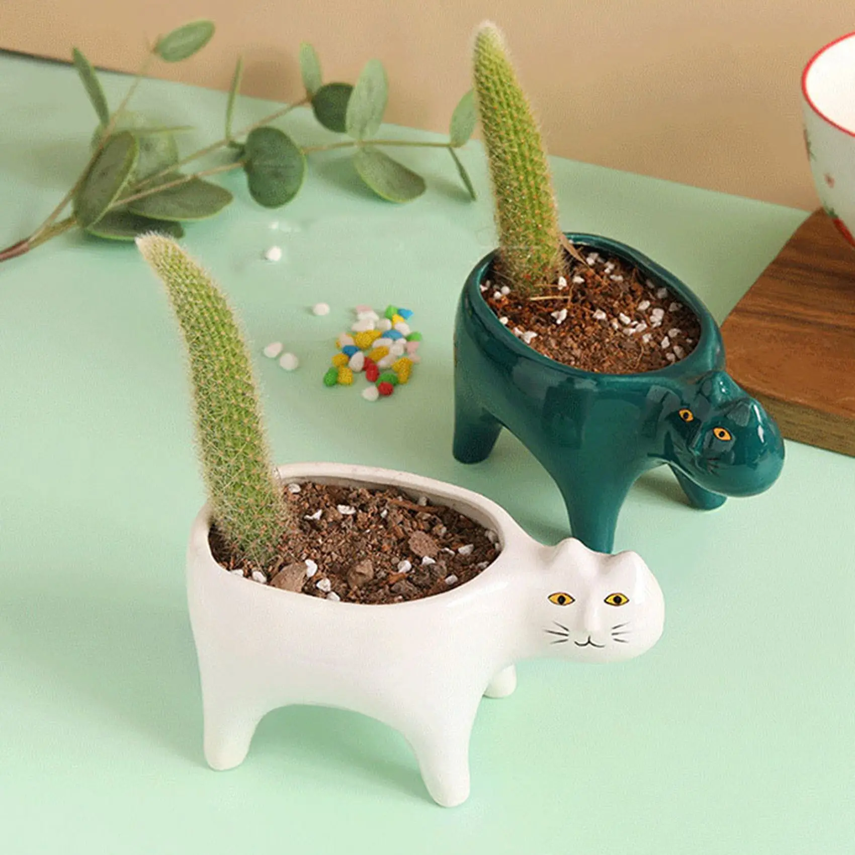 แมวน่ารักเซรามิคสวนดอกไม้หม้อภาพสัตว์กระบองเพชร Plant Planter Succulent Plant คอนเทนเนอร์ตกแต่งโต๊ะสีขาว