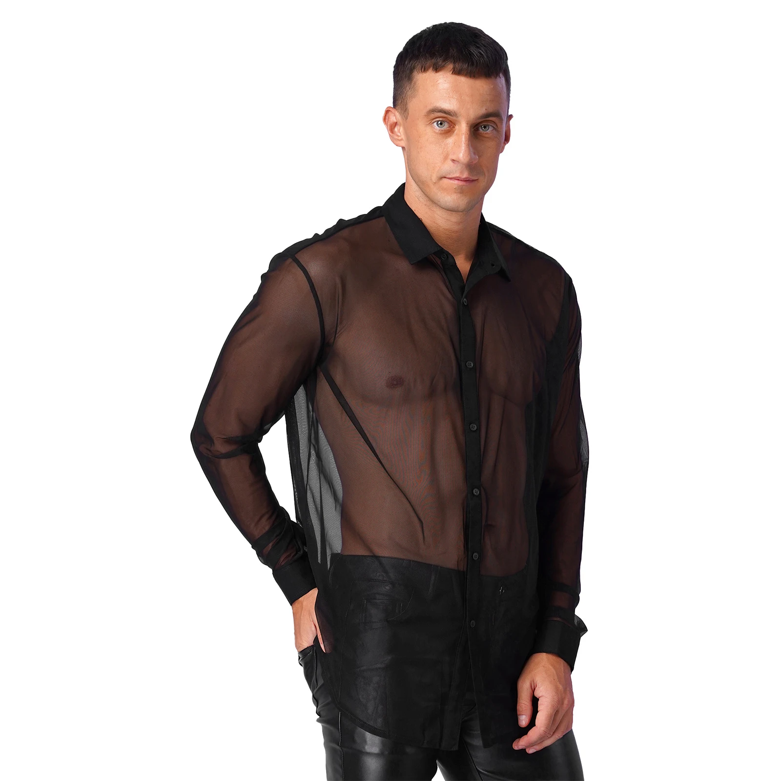 Mens Fashionable T-Shirts Tops See Through Mesh Long Sleeve ith button closure Tops Clubwear Soft Turn-down Collar Top Shirt