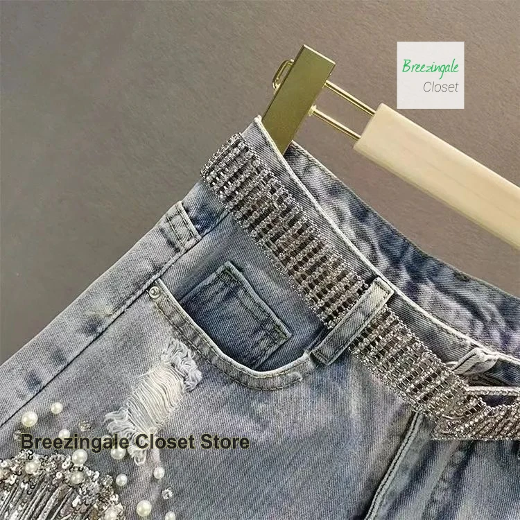 American heavy industry full rhinestone denim shorts women's summer new high waist fashion slim beaded tassels ripped jeans.
