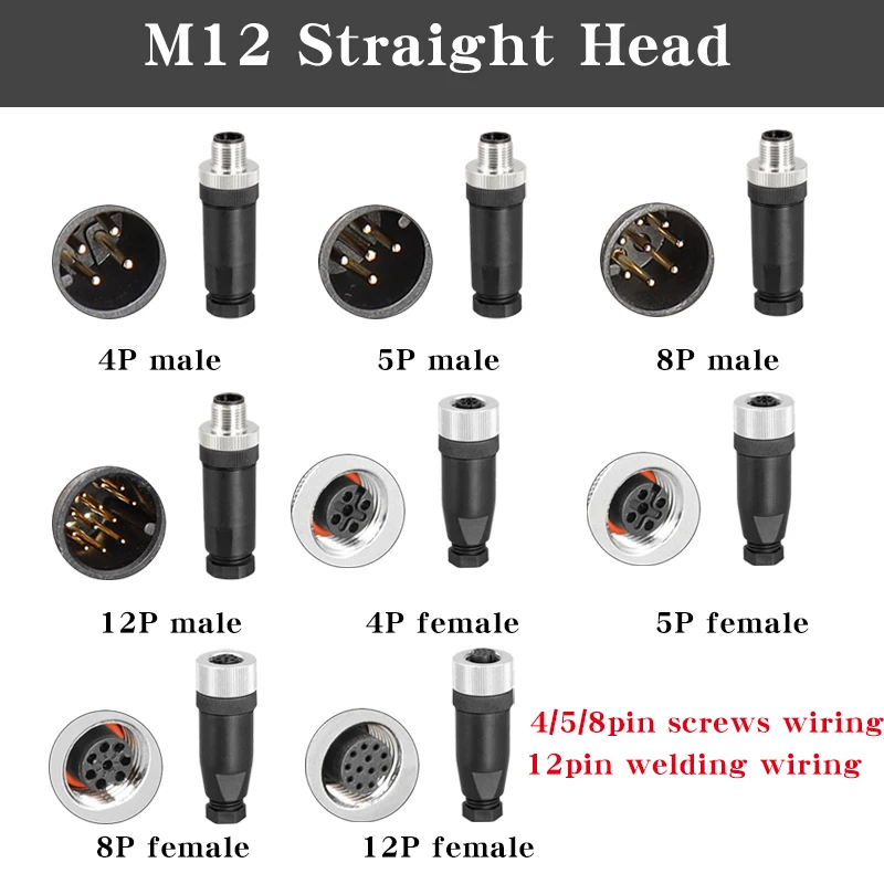 

5 PCS M12 Straight Head Sensor Connector Waterproof Male&Female Plug Screw Threaded Coupling 4 5 8 12Pin A Type Sensor Connector