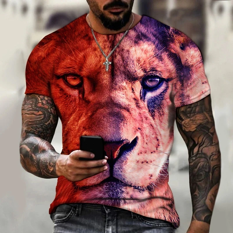 Verão masculino em torno do pescoço camiseta moda impressão 3d leão padrão camiseta moda lazer tendência novo topo rua moda harajuku