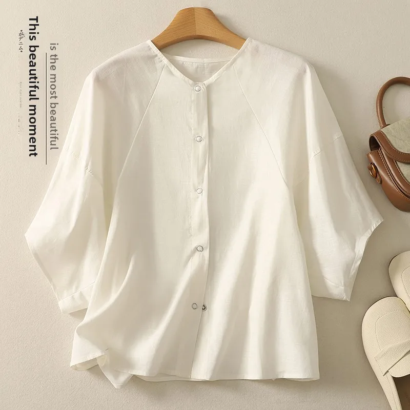 Summer Artistic Cotton Linen ort Sve Women's Cardigan Slimming Design oulder Insert Sve Top Pear aped Fit irt