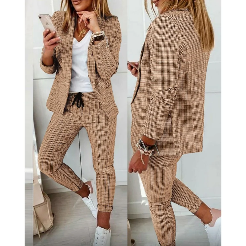 Fashion Women Two Piece Set Outfits 2023 Autumn Women Turn Down Print Blazer Coat Drawstring Pants Suit Women Casual Set