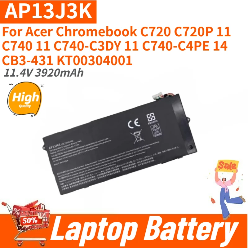 100% New AP13J3K High Quality Laptop Battery 11.4V 3920mAh For Acer Chromebook C720 C740-C4PE 14 CB3-431 KT00304001